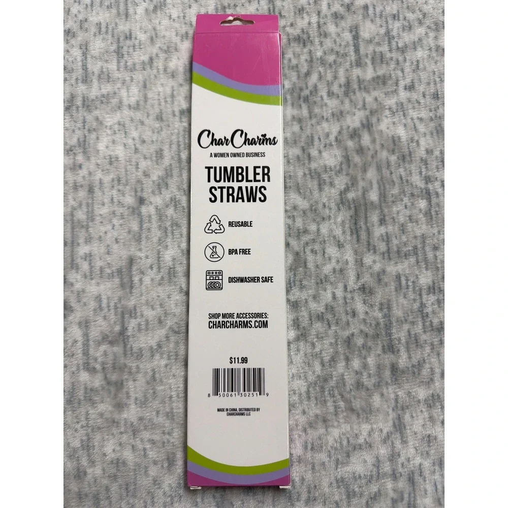 CharCharms Tumbler Straws Glitter Pack 6 Count Reusable Fits 40oz Tumblers Multi